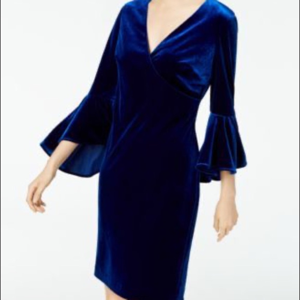 Calvin Klein Blue Velvet Ruffle Sleeve Dress